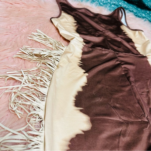 U Neck Cutout Wide Leg Side Fringed Sleeveless Jumpsuit-Brown/Tan - Picture 5 of 15